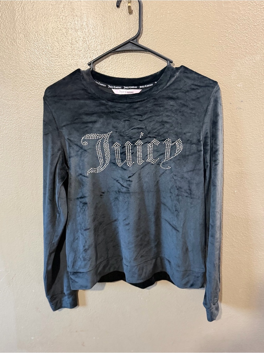 Juicy Couture Black Velvet Rhinestone Logo Long Sleeve Tee